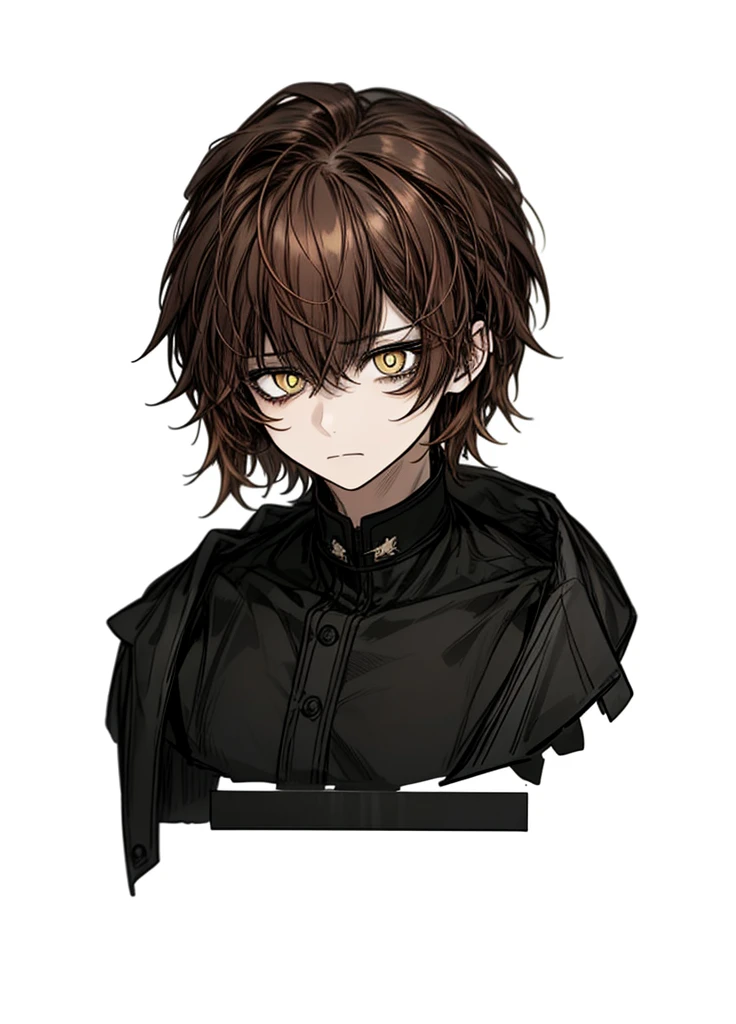 1boy, yellow eyes, brown hair, student, nice clothes, (high resolution, high detail, best quality),
black background, sad,