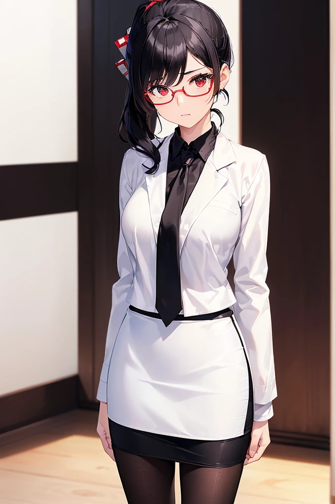 (masterpiece; best quality: 1.2), (finely detailed eyes: 1.3), ((25 year old woman)), ((solo)), (red eyes: 1.4), (body; gorgeous, soft, femenine: 1.3), (silky black hair + low ponytail: 1.3), (beautiful and clear background: 1.2), ((depth of field)), (equipment: white open labcoat + black shirt + white necktie + black long pencil skirt + black pantyhose + black square glasses: 1.3), (anime illustration: 1.2), (background composition; japanese highschool classroom + furniture: 1.1), (extremely fine and beautiful: 1.1), (shot composition; standing + centered on torso + close-up: 1.5), (expression; calm, stoic: 1.2)