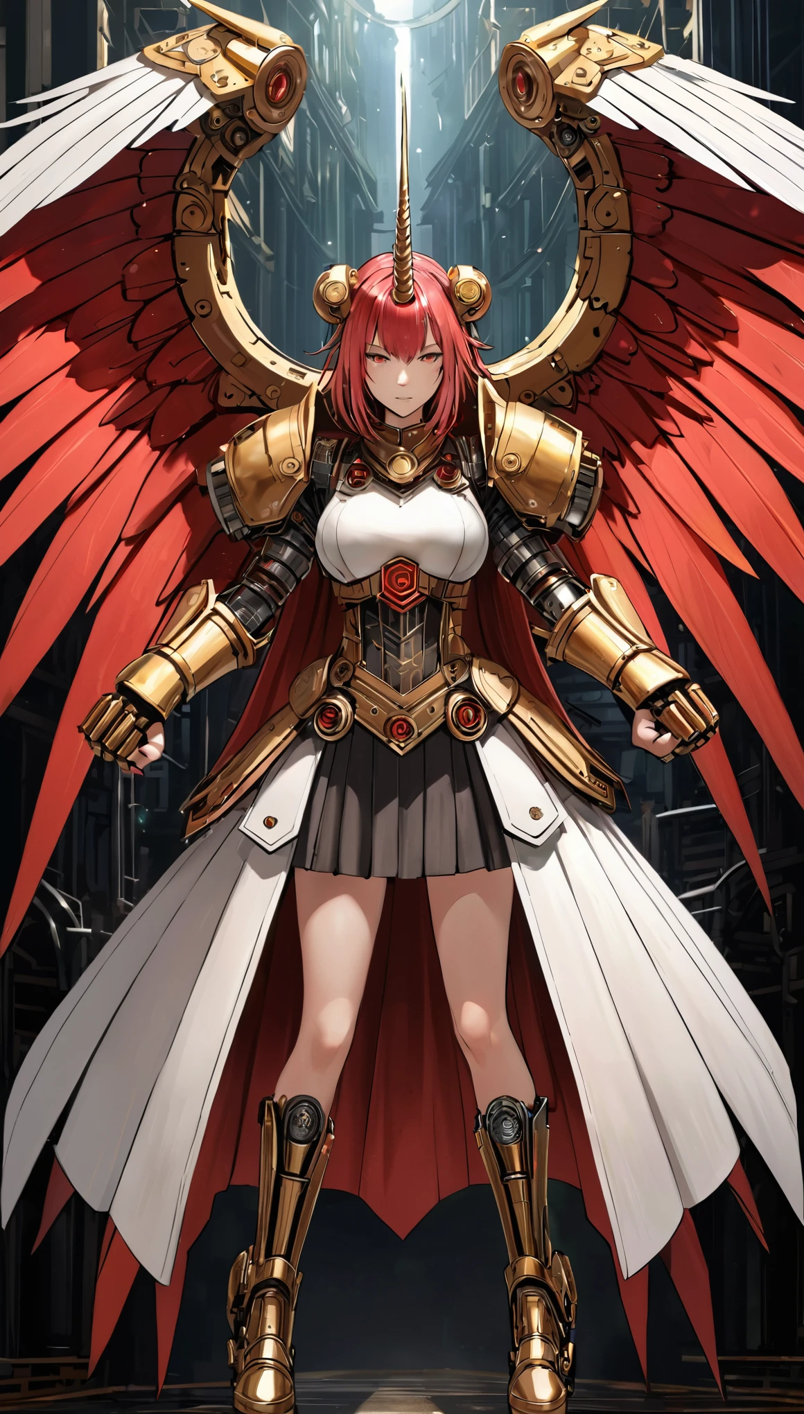 unicorn horn,metal spiral sharp corners,in style of Santiago Caruso,
huge mechanical angel wings,mechanical_halo,1 girl,mechanical wrist,mechanical skirt with pleated skirt,(huge makeover mechanical fists:1.5),the fist flashed red,