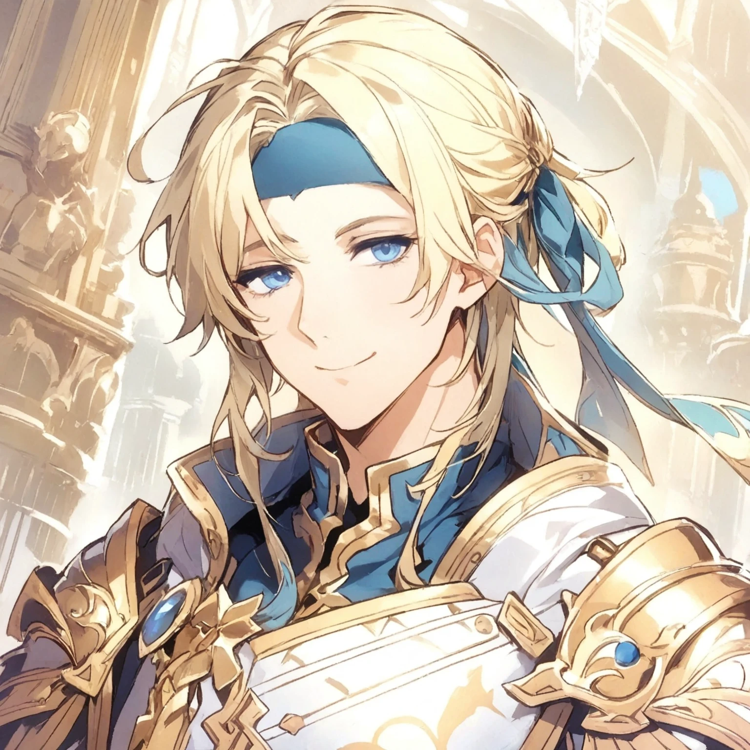 ((Highest quality)), ((masterpiece)), ((1boy)), ((独奏)), (Holy Knight), ((Blonde hair, blue eyes, adult male)), Beautifully detailed, slit eyes, (Tall and sturdy), ((Blue headband)), ((evil smile)), ((A gentle handsome man)), ((Droopy eyes)), (tareme), ((Silver Armor)), (Fine decoration of gold)