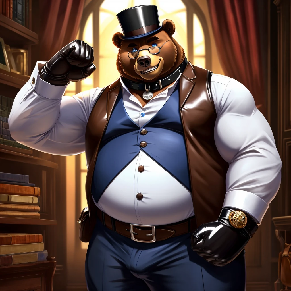 Solo, Male, fat, extremely obese, gentleman, dapper Professor Bear, blue eyes, (posing:1.3), (soft shading), 4k, hi res, ((detailed face, detailed)), looking at viewer, evil grin, steampunk, collared shirt with buttons, top hat, male focus, Explorer Outfit, glasses, monocle, bag, vest with buttons, backpack, sleeves rolled up, round eyewear, brown headwear, brown vest, Bear is wearing a glossy leather dog collar around the neck, Bear is wearing the leather collar and shirt and vest at the same time, Bear is wearing glossy white rubber gloves on the hands, wearing white rubber gloves on the feet, Bear is wearing glossy white cuffs around the wrists with cufflinks, gloves are rubber in texture, clenching teeth, clenching fists, leather collar is glossy and shiny with a lot of detail, Bear is wearing gloves and cuffs and cufflinks at the same time, leather collar has a round dog-tag, leather collar is thick and detailed.
