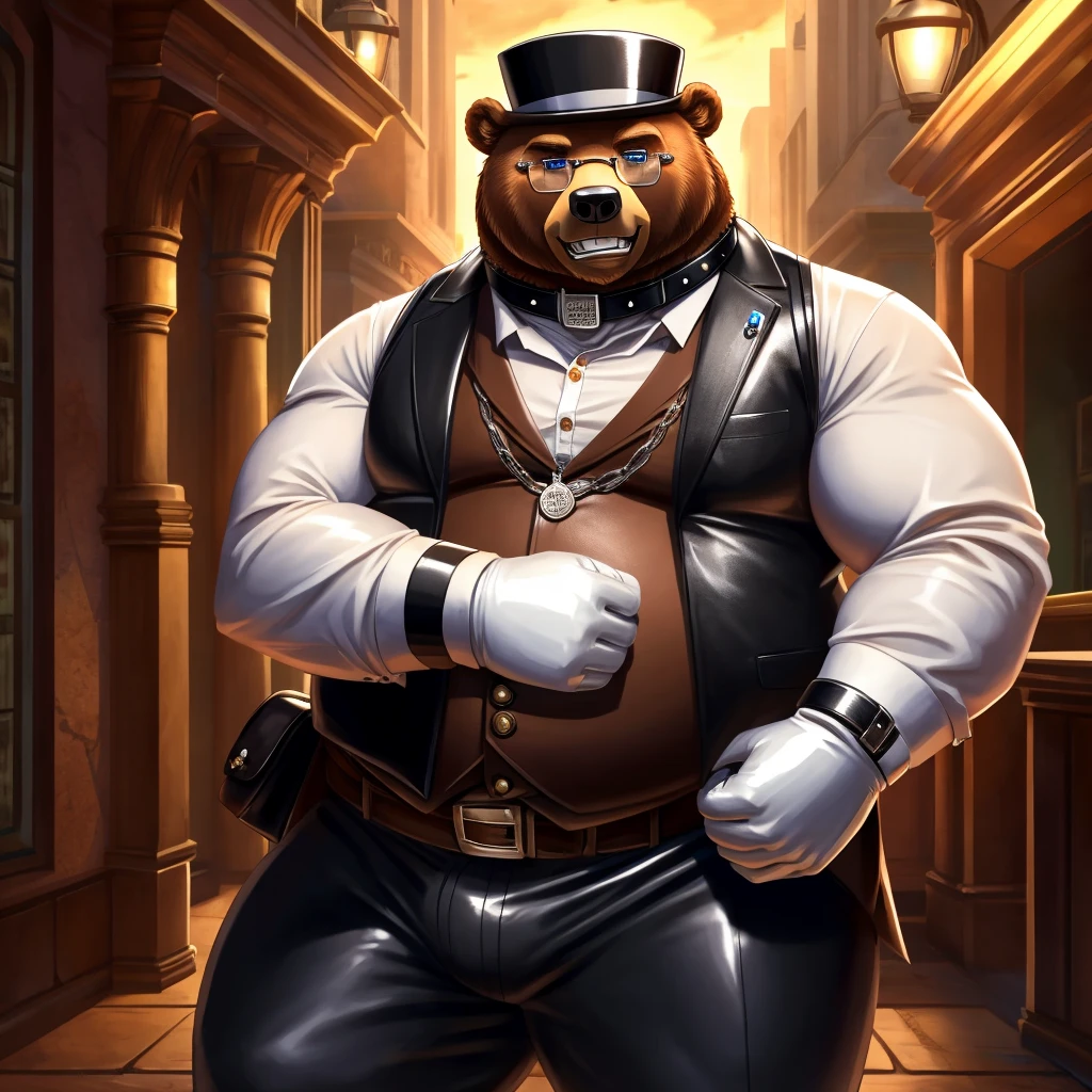 Solo, Male, fat, extremely obese, gentleman, dapper Professor Bear, blue eyes, (posing:1.3), (soft shading), 4k, hi res, ((detailed face, detailed)), looking at viewer, evil grin, steampunk, collared shirt with buttons, top hat, male focus, Explorer Outfit, glasses, monocle, bag, vest with buttons, backpack, sleeves rolled up, round eyewear, brown headwear, brown vest, Bear is wearing a glossy leather dog collar around the neck, Bear is wearing the leather collar and shirt and vest at the same time, Bear is wearing glossy white rubber gloves on the hands, wearing white rubber gloves on the feet, Bear is wearing glossy white cuffs around the wrists with cufflinks, gloves are rubber in texture, clenching teeth, clenching fists, leather collar is glossy and shiny with a lot of detail, Bear is wearing gloves and cuffs and cufflinks at the same time, leather collar has a round dog-tag, leather collar is thick and detailed.