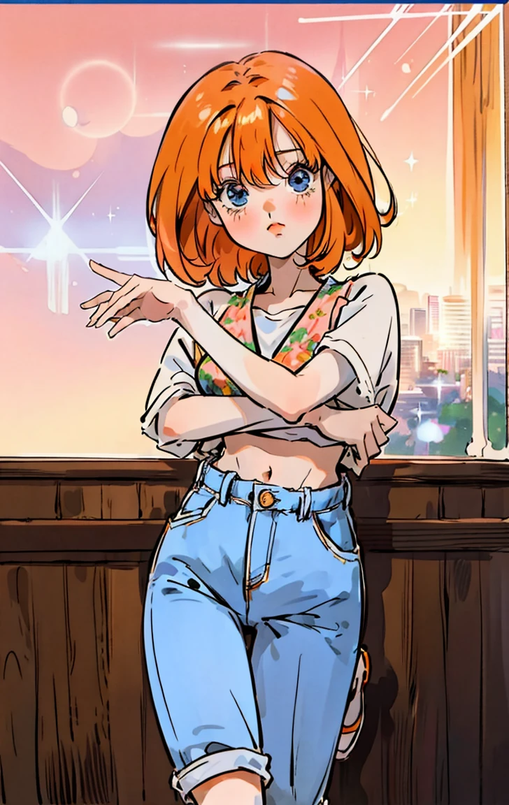 yotsuba Nakano, Official art、Beautifully Aesthetic:1.2)、patterns、Hair spreads throughout、4k, excellent quality, Ultra Detail, Soft Light, Deep Focus Bokeh, Ray Tracing, --niji 5. Nakano yotsuba from the quintessential quintuplets, yotsuba Nakano, short orange hair, blue eyes, nakano_yotsuba, , green ribbon,, splendid, iridescent, dynamic pose, moving, excellent character design, full body pose, full body, full body shot, perfect face, neat, clean, perfect definition aayotsuba, short hair,bangs,hair between eyes, (casual outfit), jeans shorts, crop top, sneakers, cute casual outfit