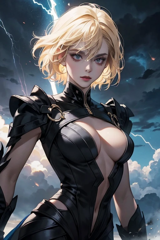 Hurricane is a woman with light complexion and dark eyes. She has short blonde hair that she combs back. Her makeup consists of dark lipstick and a storm cloud painted above her right eye.

The superheroine is dressed in a black costume that covers her entire body. The elements that stand out on the outfit are decorations resembling dark storm clouds and bright lightning bolts. SPARKLE; GLITTER