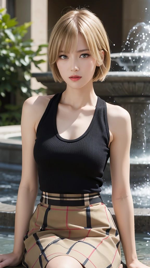 Highest quality, Super quality, 16K, Incredibly absurd, very, Cute European Caucasian Woman, 24-years-old, Captivating look, Excited expression, Blonde long bob cut, Wearing a Burberry checked skirt, Black tank top sweater with braided pattern, Best body shape, Sit at the Fountain Square, Fine grain, Beautiful Face, Depth of written boundary, Octane Rendering
