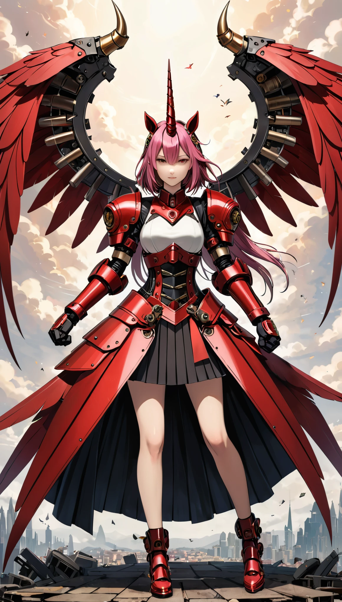 unicorn horn,metal spiral sharp corners,in style of Santiago Caruso,
huge mechanical angel wings,mechanical_halo,1 girl,mechanical wrist,mechanical skirt with pleated skirt,(huge makeover mechanical fists:1.5),the fist flashed red,