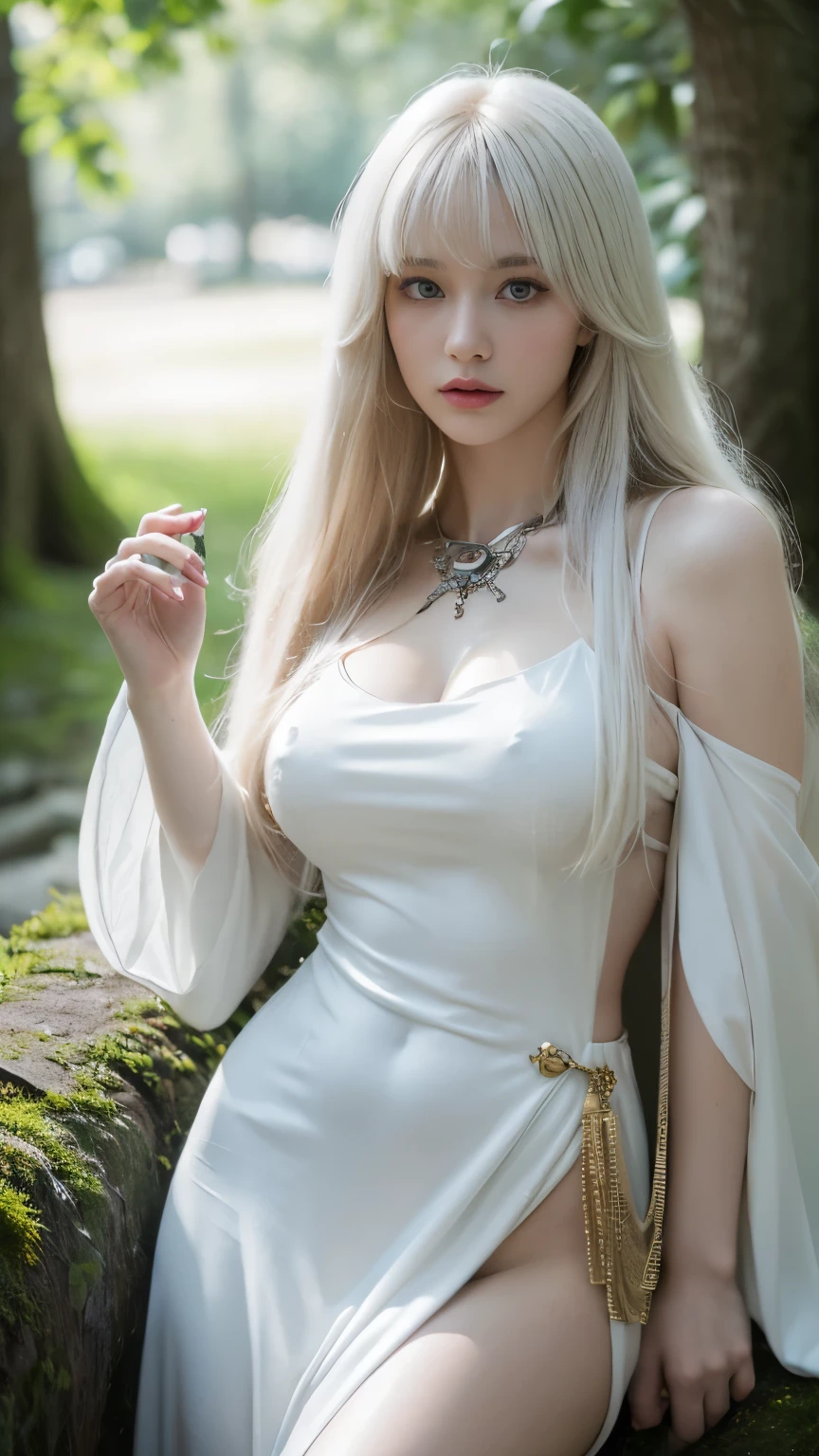 (Highest quality,4K,8K,High resolution,masterpiece:1.2),Super detailed,(Realistic,photoRealistic,photo-Realistic:1.37),tarot card divination,Mysterious Woman,Cute face,Blunt bangs,Straight hair,Shiny Rock,Medieval mystical clothing,Mysterious fortune teller,The mysterious hermit,White magician,Magical lighting,albino,Red eyes,glowing Red eyes,magic