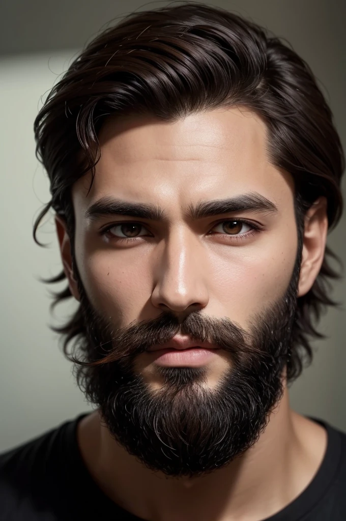 dark man, with unshaven beard, with honey eyes, dark brown short hair, large nose and full lips 