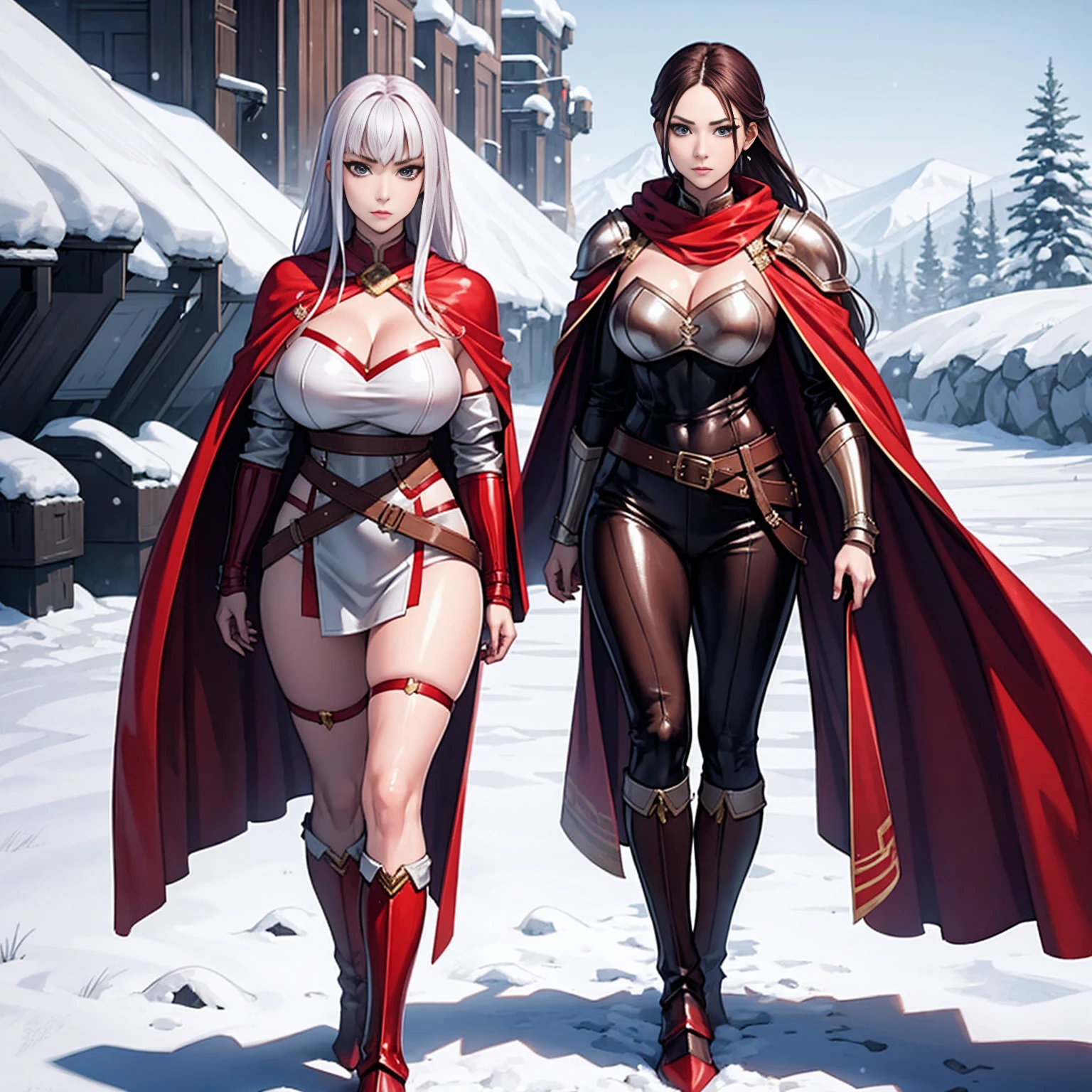 full body standind straight symmetrical, FEMALE warrior princess, big belt around waist, hair, very white skin like snow, wearing full heavy armor red cape, brown leather boots, adventurer outfit, veteran warrior milf bimbo