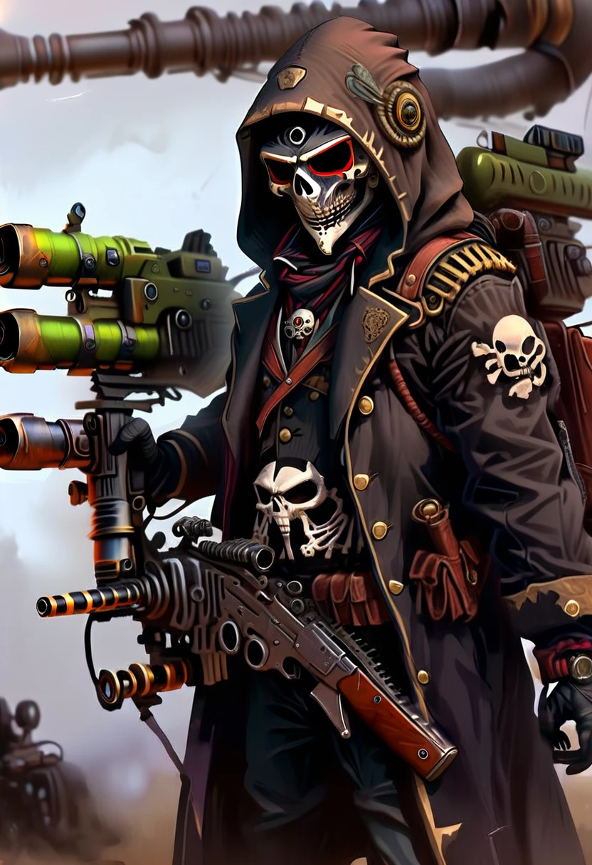 sniper, with black coat, Bounty Hunter, twist at the waist, skull and hood mask, with motorized sniper rifle in hand aiming at a rich man