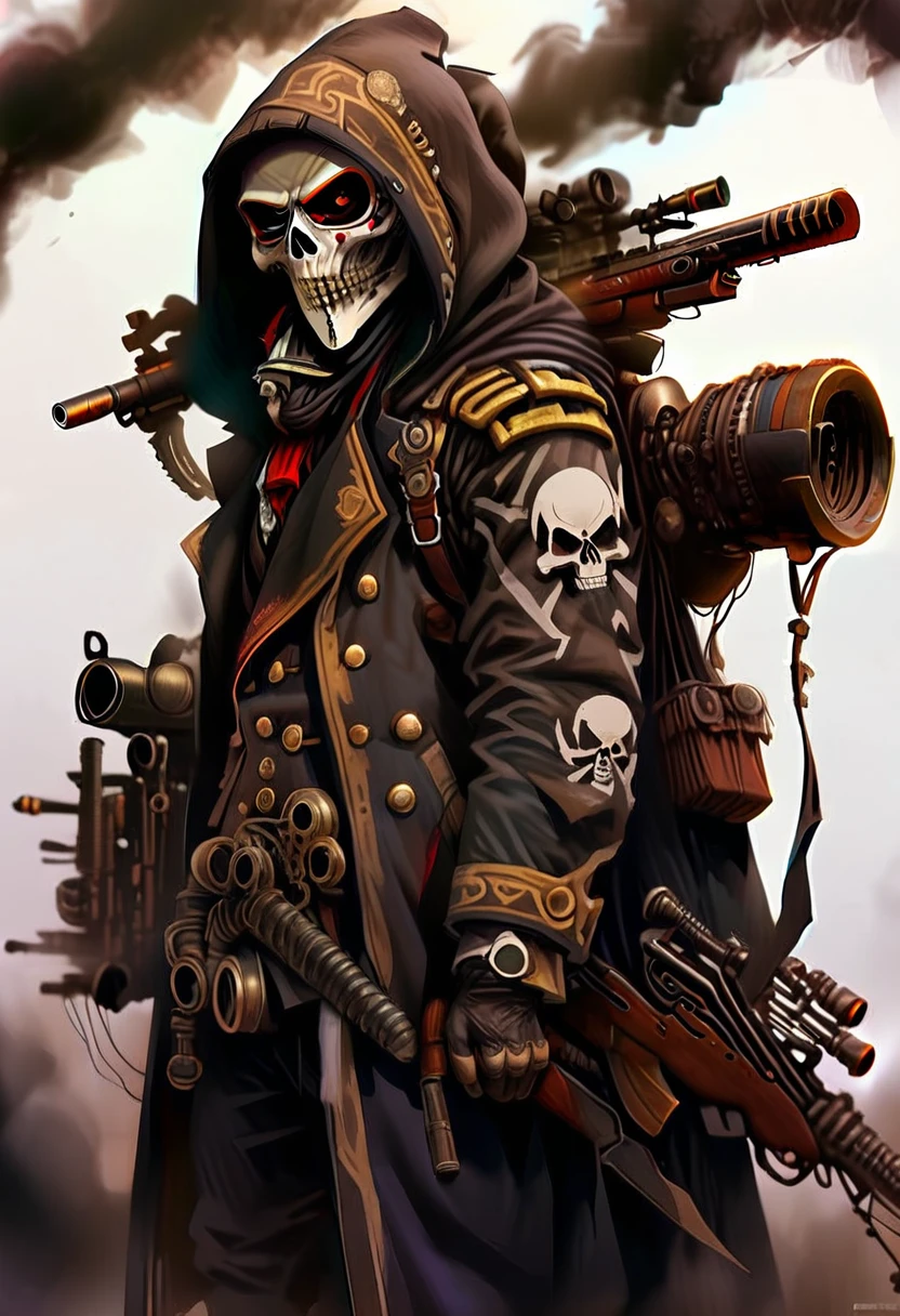 sniper, with black coat, Bounty Hunter, twist at the waist, skull and hood mask, with motorized sniper rifle in hand aiming at a rich man