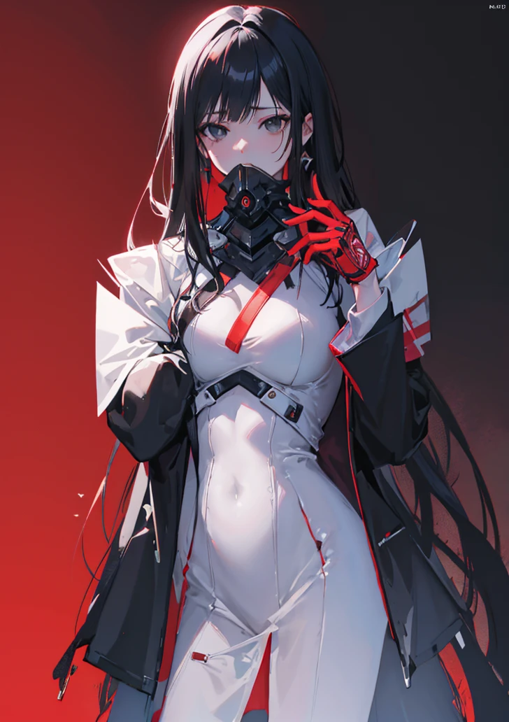 beautiful, white-skinned woman, business suit, long black hair, black eyes, looking at viewer, red background, intricate details, hyperrealistic, 8K, octane render, chiaroscuro lighting, cinematic composition, dramatic atmosphere, digital art