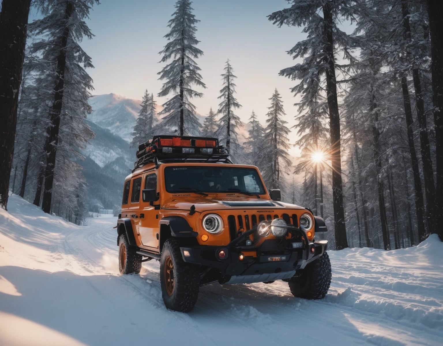 Off-road vehicle photos，An off-road vehicle，Driving on snow，winter，cold，Snow，snow，detail强化，blur background/Bokeh，Bright with natural light，Ray Tracing，Sky，forest，Hill in the distance，Highly detailed environments，Low depth of field，HD，detail，8K，lens flare，Sunlight,
