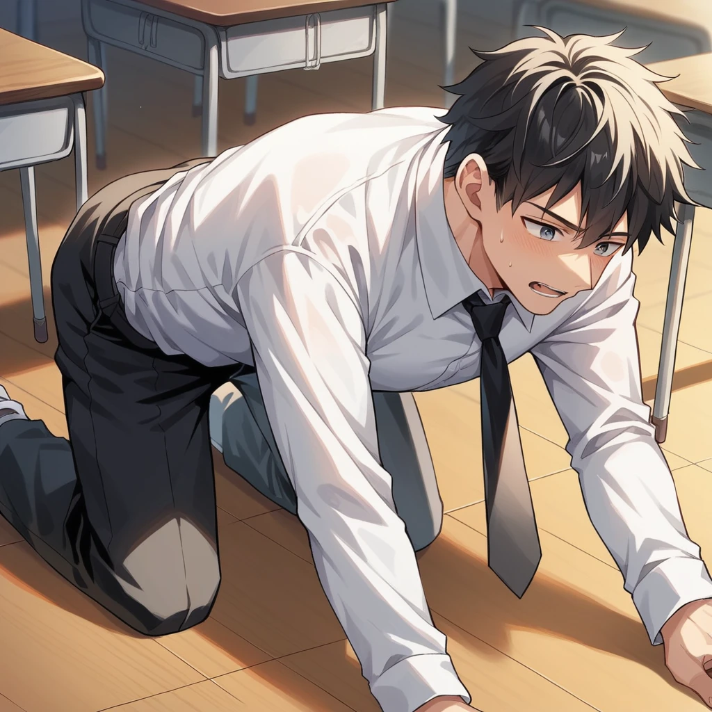 score_9, score_8_wonderful, score_7_wonderful, sauce_anime ,Male Focus,sugino  , Multiple schoolboys,classroom,Black trousers,Black tie，White shirt with sleeves,Get on all fours and place your hands on the floor,Taking a man&#39;s penis in her mouth,Collar with chain,View your viewers,Black Hair,blue eyes,training