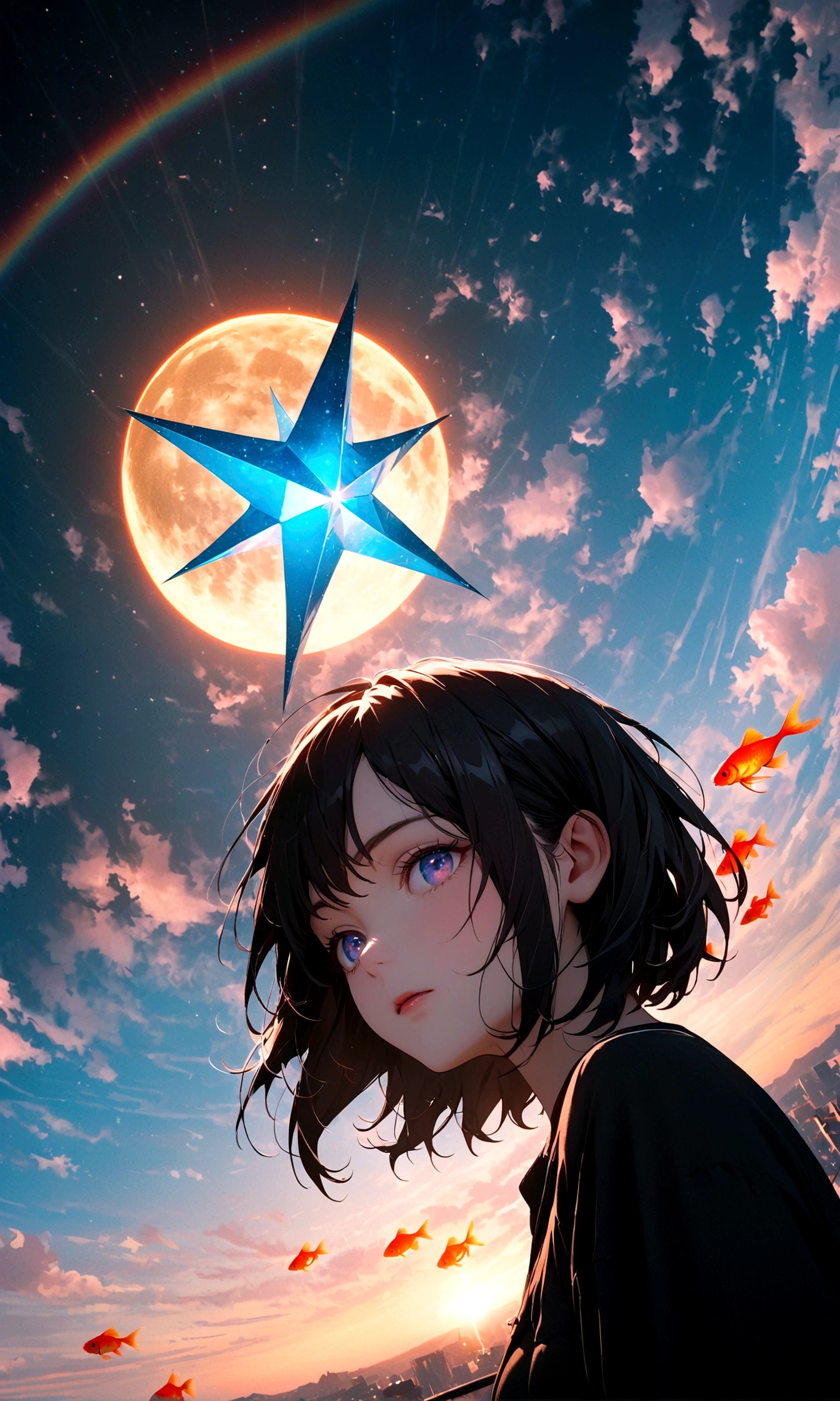 (woman\(student, 15 years old, JK, Silver flowing short hair, Cosmic eyes, Black , Pale skin, Tired face,Eyes without luster\) look up to the sky), (Many goldfish swimming in the air), Beautiful sky, Beautiful clouds, In summer,Colorful flowers blooming everywhere, (Crystal clear bubbles sparkle in the sky), There is a midday moon and a midday star in the sky, woman is at messy downtown, rest ,quality\(8K,Extremely detailed CG unit wallpaper, masterpiece,high resolution,top-quality,top-quality real texture skin,Surrealism,提high resolution,original photo,Best quality,Very detailed,wallpaper,light,Ray Tracing,Golden Ratio\),(Long Shot),Wide-angle lens,