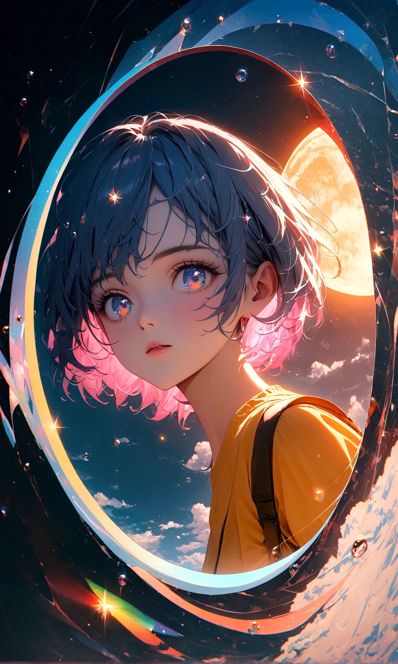 (woman\(student, , JK, Silver flowing short hair, Cosmic eyes, Black , Pale skin, Tired face，Eyes without luster\) look up to the sky), (Many goldfish swimming in the air), Beautiful sky, Beautiful clouds, In summer，Colorful flowers blooming everywhere, (Crystal clear bubbles sparkle in the sky), There is a midday moon and a midday star in the sky, woman is at messy downtown, rest ,quality\(8K,Extremely detailed CG unit wallpaper, masterpiece,high resolution,top-quality,top-quality real texture skin,Surrealism,提high resolution,original photo,Best quality,Very detailed,wallpaper,light,Ray Tracing,Golden Ratio\),(Long Shot),Wide-angle lens,