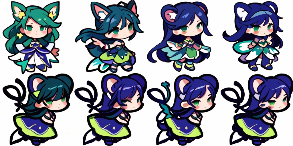 a close up of a cartoon character with different poses, spritesheet, sprite sheet, with familiar sprites, sprites, fairy girl, morgana, default pose neutral expression, twirling, sprite 2 d, shady, green fairy, smol, multiple poses, cute chibi, kawaii