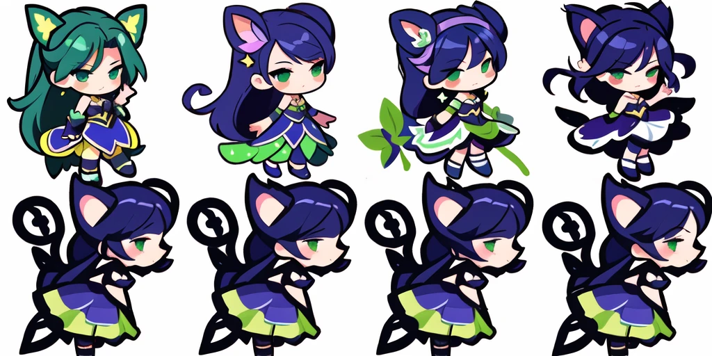 a close up of a cartoon character with different poses, spritesheet, sprite sheet, with familiar sprites, sprites, fairy girl, morgana, default pose neutral expression, twirling, sprite 2 d, shady, green fairy, smol, multiple poses, cute chibi, kawaii