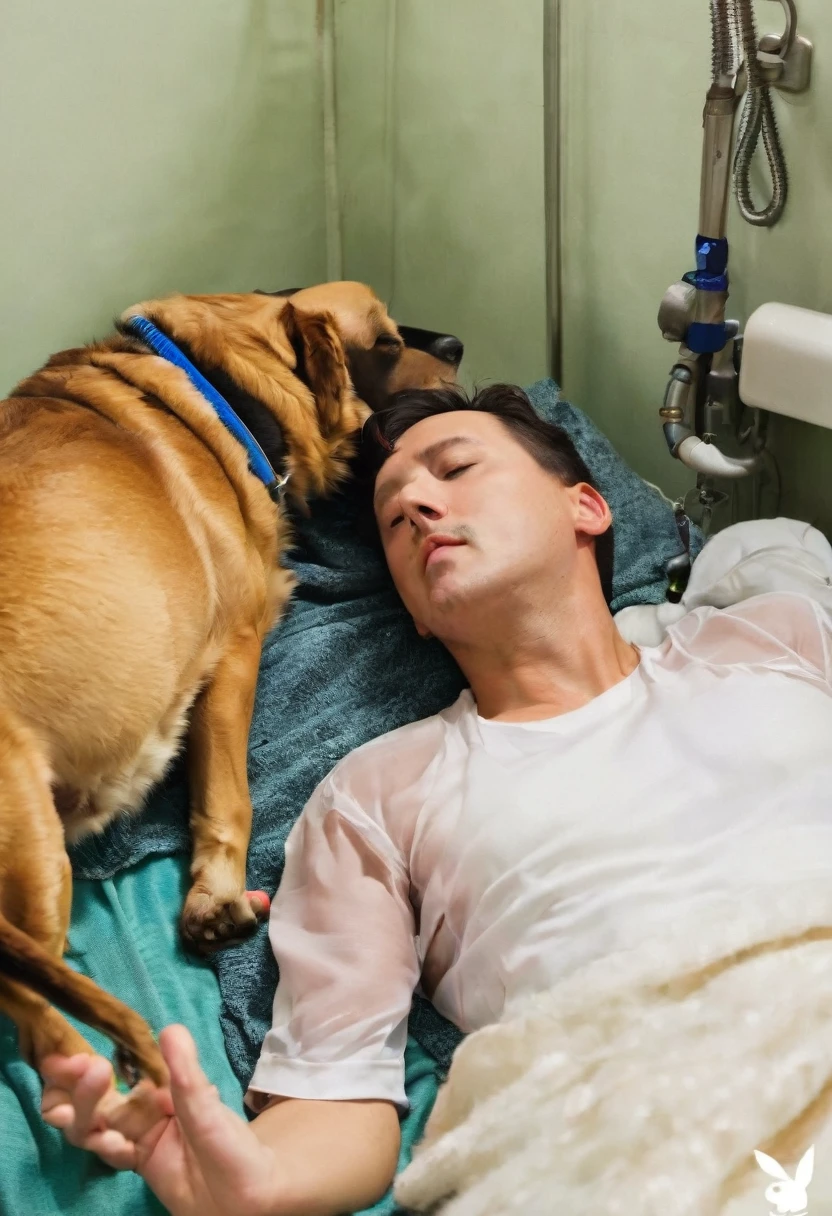 Dog lying on his owner taking his last breath before dying