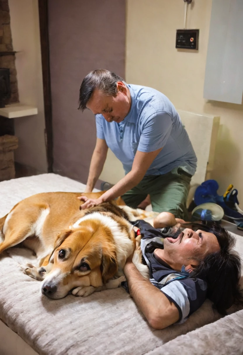 Dog lying on his owner taking his last breath before dying 