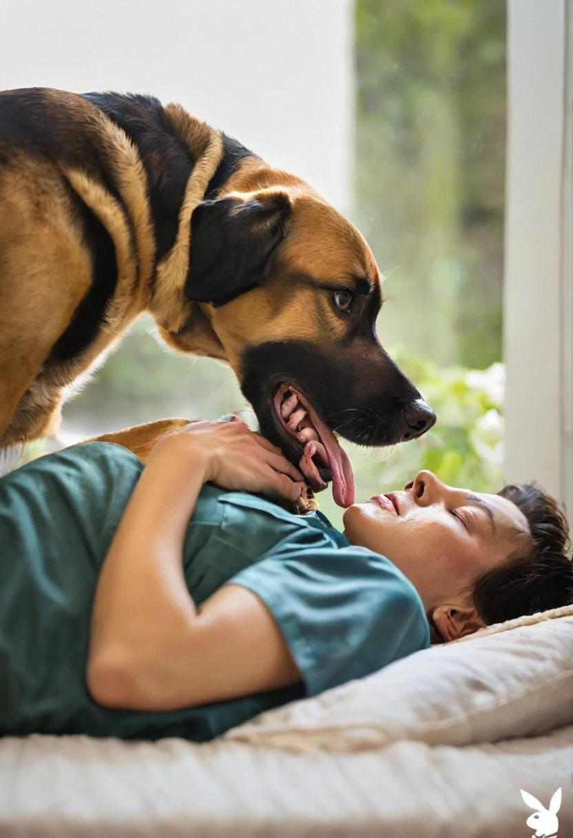 Dog lying on his owner taking his last breath before dying 