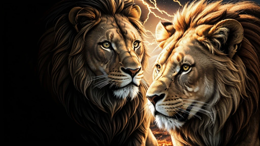 Lion, Divine Lion, naturals, naturals, ferocious, masculine, mighty, golden lion, Powerful Lion, beautiful nature, Great Realistic Lion, FullHD 8K, Light of sky, sunset night, Clear sky Sun, Black Golden, black andwhite, black and gold, detailed realistic face, 8K Detailed Realistic White Lion, Ultrarealistic 8k |Energia de thunder realista detalhada, Strong Creature realista detalhada, Strong Creature, Lion macho, Rendering, Fotorrealista 8K, UltraHD Alta definição 8K, Detailed Realistic 16K, Nitidez Fotorrealista 8K, 16K photorealistic textures, Contraste Fotorrealista 8K, Sombras Fotorrealistas 8K, Luzes Fotorrealistas 8K, Detailed realistic sunset, Detailed Realistic Lion Face, Detailed realistic light, detailed textures, thunder, detailed shadows, detailed colors, Celestial Electricity, Golden thunder, Lion realista, Ultra Realistic 16K, Realistic 16K, Realistic 16K sharpness, 16K photorealistic textures, 16K realistic colors, powerful creature, Majestic power, Power of Heaven, Great Divine, detailed contrast, realistic contrast, high resolution, detailed colors, fire, villany, divine creature, 8K, realistic detailed, 16K, 8K, High definition, detailed contrast, realistic contrast, high resolution, detailed colors, fire, villany, divine creature, realistic detailed, posh, chic