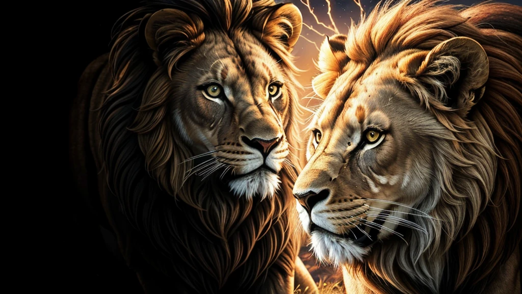 Lion, Divine Lion, naturals, naturals, ferocious, masculine, mighty, golden lion, Powerful Lion, beautiful nature, Great Realistic Lion, FullHD 8K, Light of sky, sunset night, Clear sky Sun, Black Golden, black andwhite, black and gold, detailed realistic face, 8K Detailed Realistic White Lion, Ultrarealistic 8k |Energia de thunder realista detalhada, Strong Creature realista detalhada, Strong Creature, Lion macho, Rendering, Fotorrealista 8K, UltraHD Alta definição 8K, Detailed Realistic 16K, Nitidez Fotorrealista 8K, 16K photorealistic textures, Contraste Fotorrealista 8K, Sombras Fotorrealistas 8K, Luzes Fotorrealistas 8K, Detailed realistic sunset, Detailed Realistic Lion Face, Detailed realistic light, detailed textures, thunder, detailed shadows, detailed colors, Celestial Electricity, Golden thunder, Lion realista, Ultra Realistic 16K, Realistic 16K, Realistic 16K sharpness, 16K photorealistic textures, 16K realistic colors, powerful creature, Majestic power, Power of Heaven, Great Divine, detailed contrast, realistic contrast, high resolution, detailed colors, fire, villany, divine creature, 8K, realistic detailed, 16K, 8K, High definition, detailed contrast, realistic contrast, high resolution, detailed colors, fire, villany, divine creature, realistic detailed, posh, chic