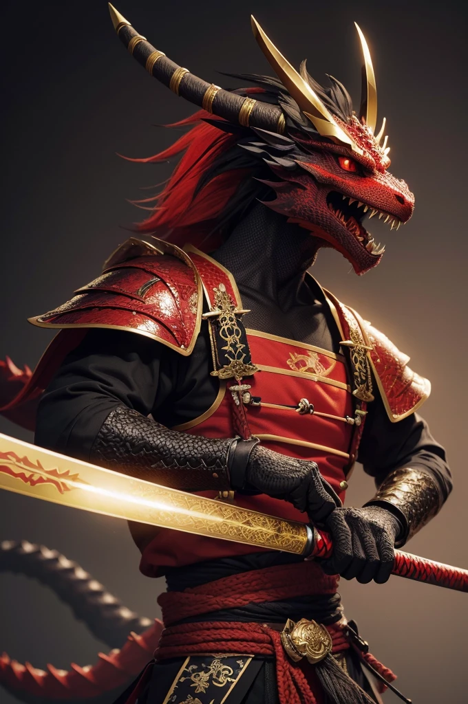 Create a dragon wrapped around a samurai sword colors black red and gold