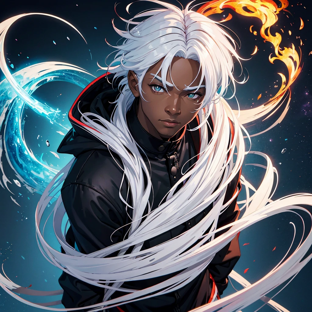 Black guy white hair ambar eyes dragon fire halo pyro