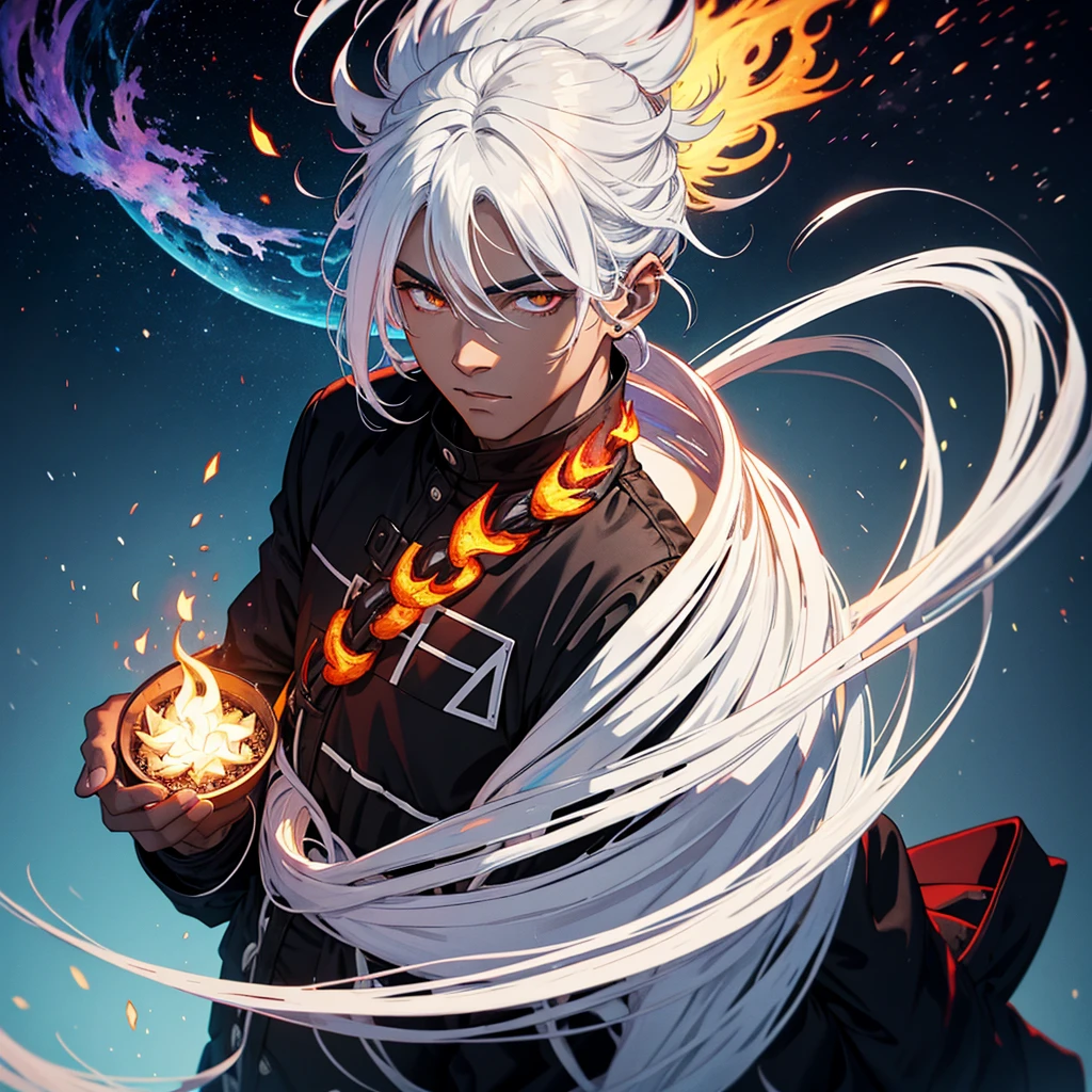 Black guy white hair ambar eyes dragon fire halo pyro
