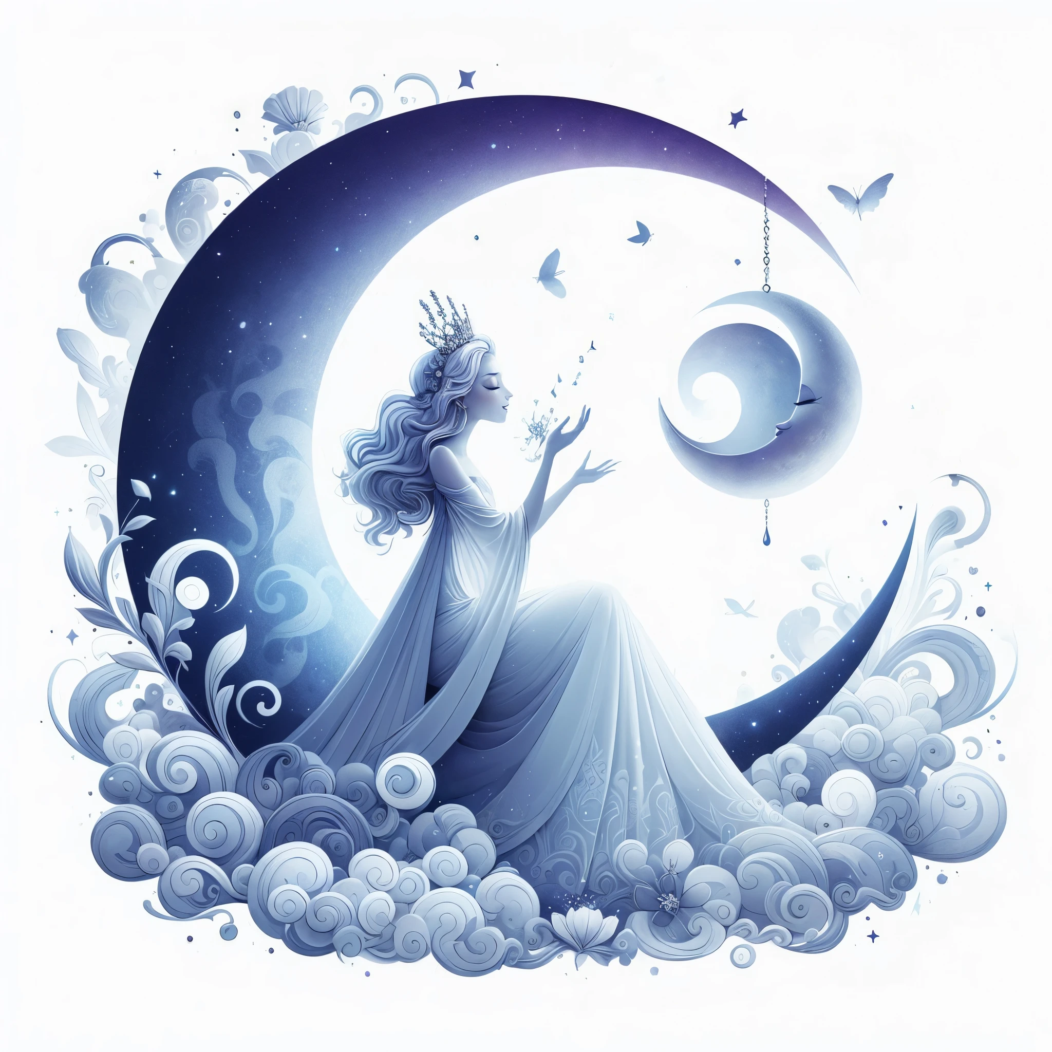 moon queen singing to a crescent moon, sitting on a crescent moon, 8k resolution