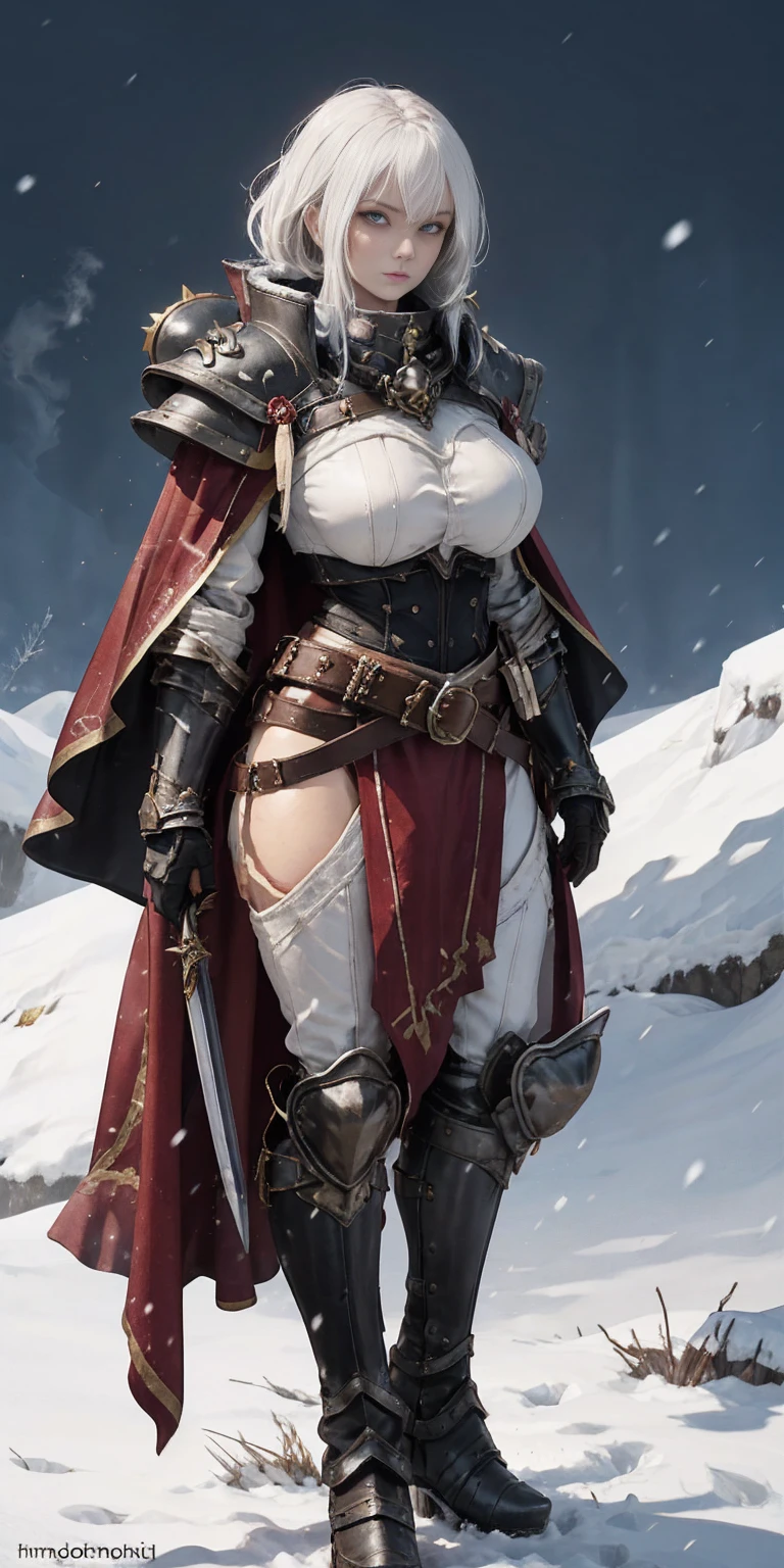 full body standind straight symmetrical, FEMALE warrior princess, big belt around waist, hair, very white skin like snow, wearing full heavy armor red cape, brown leather boots, adventurer outfit, veteran warrior milf bimbo