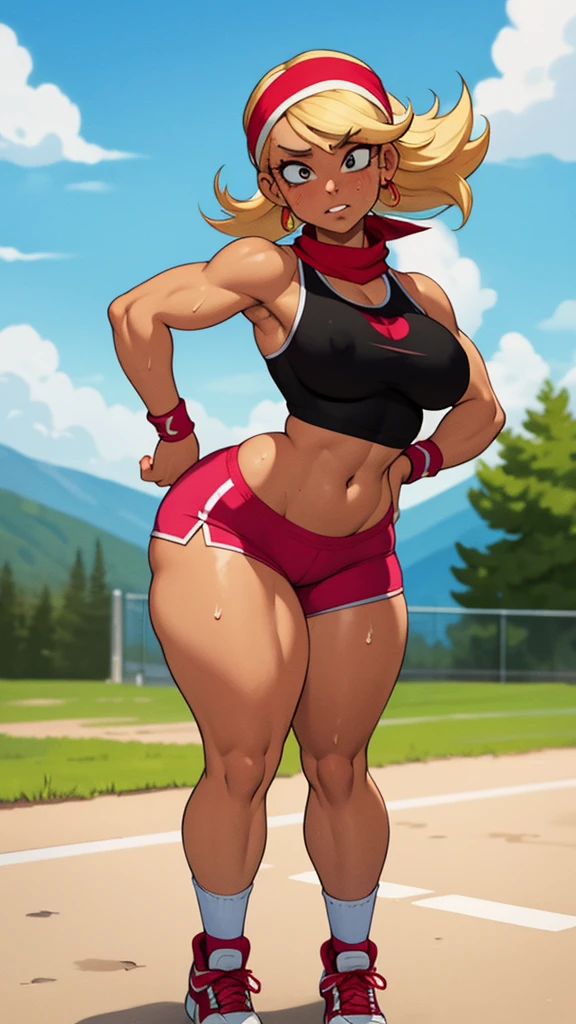 Athletic and super curvy milf, muscle, bimbo, bandana on head blonde hair, sports top, red sports shorts, tiny shorts, parts, tanned skin, sunburn, knee high socks, sneakers, sweating, clothes wet with sweat