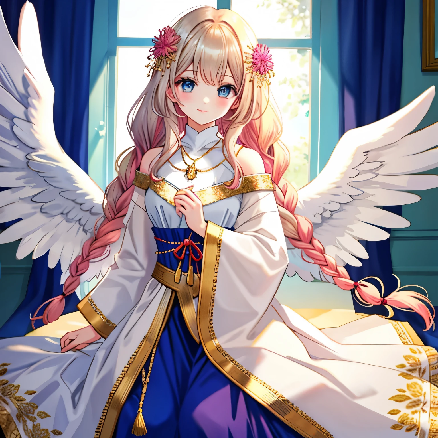 Illustration Enhancement: (((**masterpiece**))), (((**best quality**))), (((**ultra-detailed**))), (((**ultra high resolution**))), **Top Quality photorealistic Illustration**, **Ultra Definition**, ***cute illustration***:1.3, ***high Saturation***:1.2, ***detailed beautiful face and eyes***, ***an extremely delicate and beautiful***, ***nice hands***, ***perfect hands***, ((appropriate posture)), ((appropriate configuration)), ((ideal ratio body proportions)) BREAK
Theme: ***Fortune Enhancement***, ***Blessings and Protection***, ***Restoration*** BREAK
Number of Characters: (((**ultra-ultimate beautiful**))) BREAK
Facial Details: ((delicate and beautiful eyes)), ((perfect nose)), ((soft lips)) BREAK
Movement Details: ((graceful and flowing movement)) BREAK
Emotions and Expressions: ((smile filled with happiness)), ((gaze filled with hope)) BREAK
Perspective: ((high angle view)) BREAK
Composition: ((balanced central placement)) BREAK
Background Details: ((*bright* *and* *warm* *colors*)), ((*design in harmony with nature*)) BREAK
Costume Details: ((*elegant* *and* *sophisticated style*)), ((*decorations edged with gold thread*)) BREAK
Body Type: (((**perfect female form**))) BREAK
Wings, Horns, Tail: ((*shining white wings*)), ((*pure gold horns*)), ((*supple tail*)) BREAK
Hair Style and Color: ((*long flowing golden hair*)), ((*braids adorned with blue ribbons*)) BREAK
Accessories: ((*amulet of blessing*)), ((*pendant of hope*)) BREAK
Weapon: ((*mystical sword emitting light*)) BREAK
Light and Shadow: ((*figure shining in soft light*)), ((*shadows gently blending into the surroundings*)) BREAK
Colors: ((*gold*)), ((*blue*)), ((*green*)), ((*light blue*)), ((*yellow*)), ((*silver*)), ((*deep red*)), ((*pink*)), ((*wine red*)), ((*dark brown*)), ((*light purple*)) BREAK
Illustration Size: ((*768x768*)) BREAK
Illustration Atmosphere: ((*warm*)), ((*filled with hope*)), ((*providing comfort*)) BREAK
Additional Details: ((*decorations down to the details*)), ((*delica