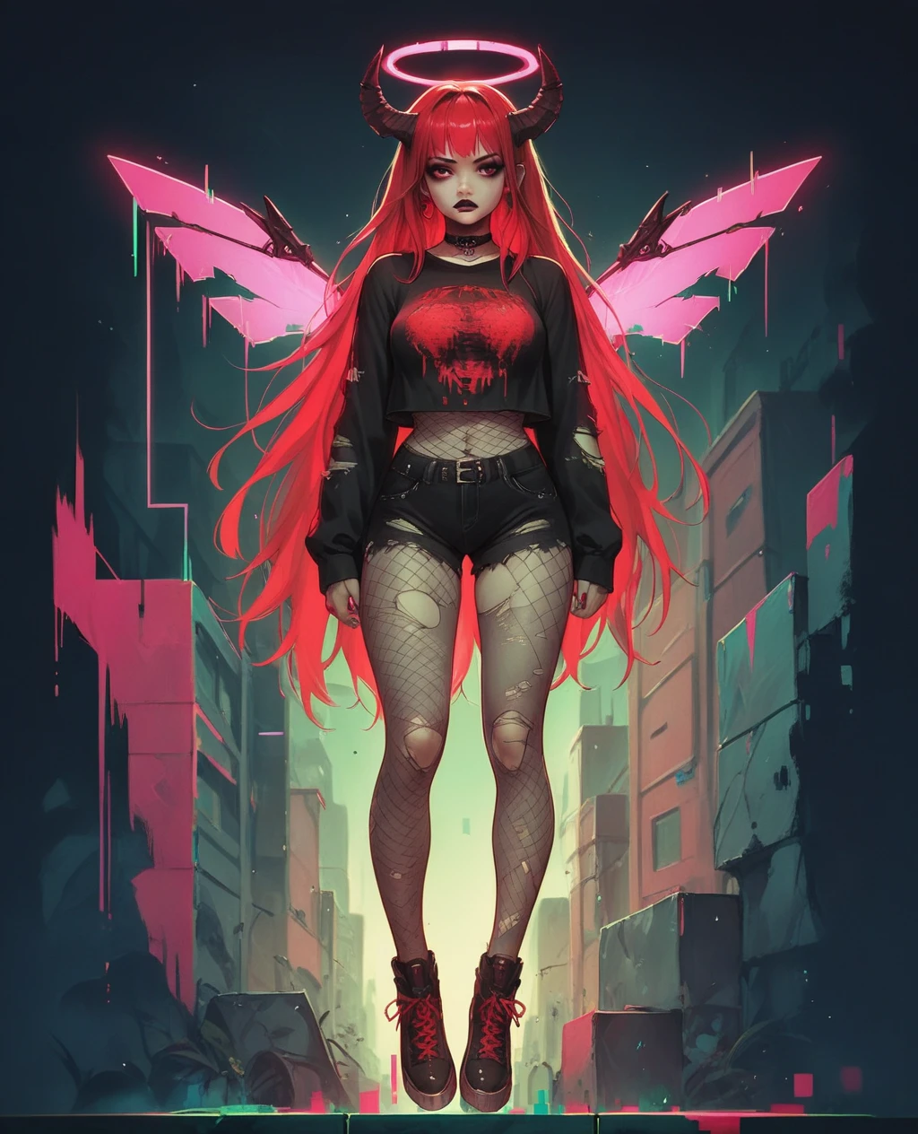 score_9. score_8_up, score_7_up, score_6_up, score_5_up, score_4_up, 1girl, red hair, curvy, gothic, g0th1cPXL, glowing, full body, city, neon, fishnets, cyberwings, (glitch:1.2), torn clothes, horns, halo, 