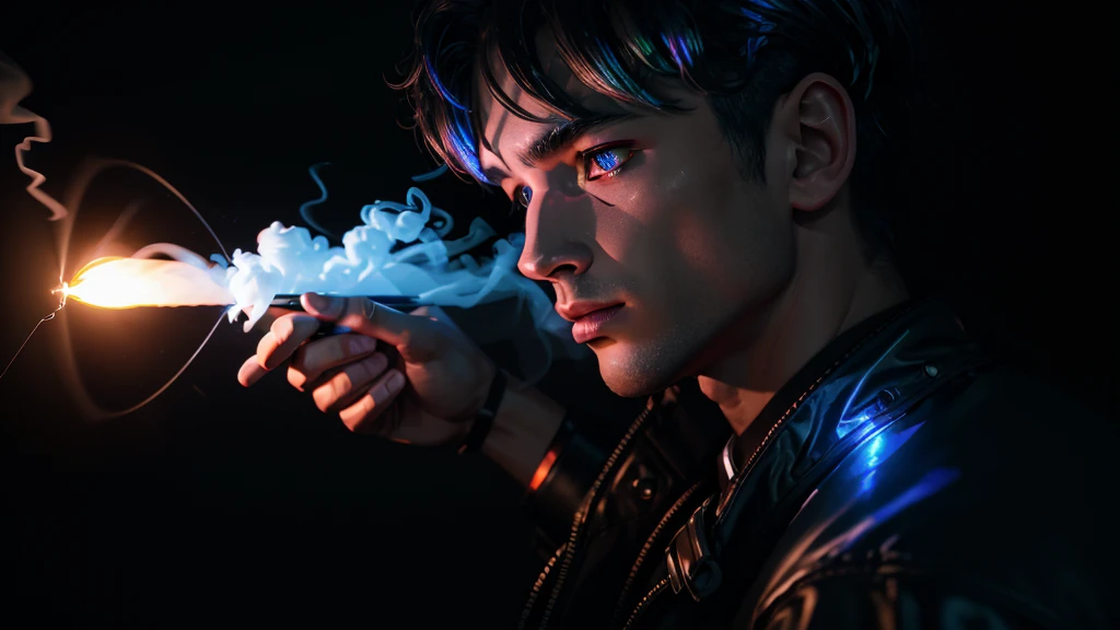 a soldier with a ghostly shape of light and smoke and flames, high detail, long shot, wide shot, 4K, 3D, REALISTIC, (iridescent glow smoke), UHD, 32K, very bold neon colors, black light, neon light