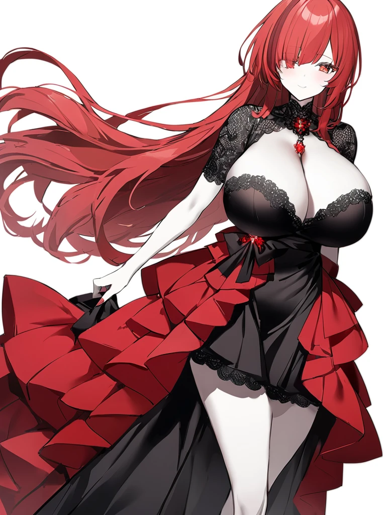 Big Breasts、Hide cleavage、Lots of lace、Black Dress、red heels、Long Red Hair、Sparkling face