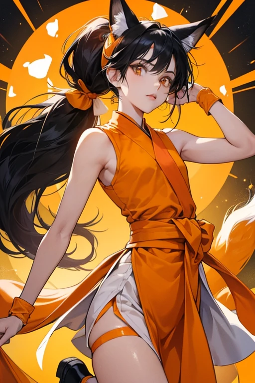 the Fox Miraculous holder had long black hair and bangs that she tied into two small side ponytails and one low ponytail, the tips of her ponytails being orange and white. She wore an orange cloth band around her head, its edges tied up and pointed like fox ears, and an orange cloth covered her nose and mouth. She wore an orange sleeveless tunic that was white on one upper edge and an orange sash wrapped around her shoulders. She also wore orange trousers, black knee-high cloth over her lower legs, black wristbands, and black shoes. Around her waist and hips was a wide white sash tied with an orange string, with one orange, white-tipped part of it falling being her like a fox's tail. SPARKLE; GLITTER