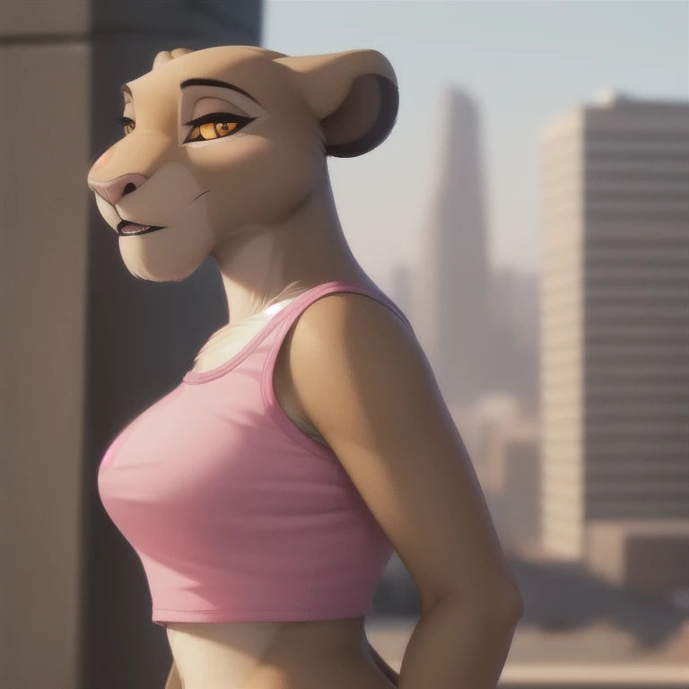 sarabi, furry female anthro, lion girl, portrait, close-up, fur trim, solo, (body fur:1.2), (best quality), (detailed urban background:1.2), dramatic lighting, (detailed fluffy fur:1.1), three-quarter view, big breasts, pink crop top, jean shorts, bedroom eyes, looking at viewer