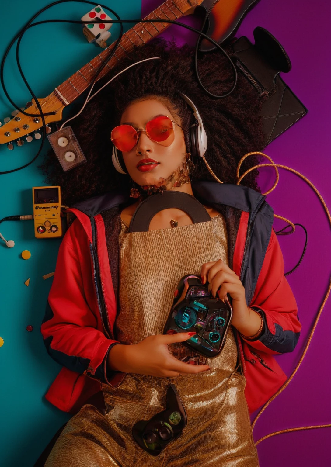 arafed woman with a guitar and a video game controller, album art, portrait shot, nostalgic vibes, jamming to music, mid shot portrait, music video, futurism, music being played, colorful retrofutur, 80s retro, synthwave, with headphones, photo portrait, the music girl, vibing to music