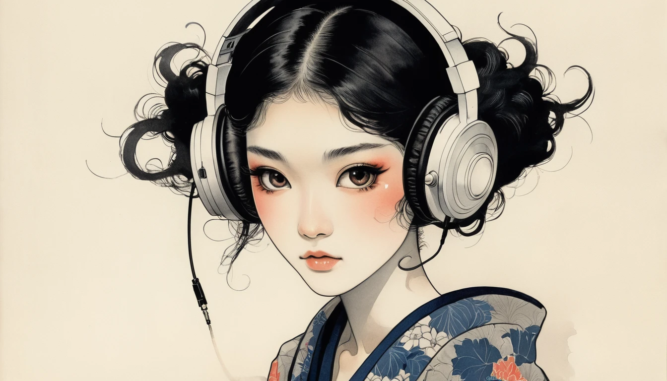 (((Smoking a smoke tube))), TATOO on the face, Highest quality, Katsushika Hokusai, Ink Painting, (((1 girl))), Japanese style headphones, beautiful girl, Black Hair, Delicate and precise, Modern ukiyo-e style, Darkness