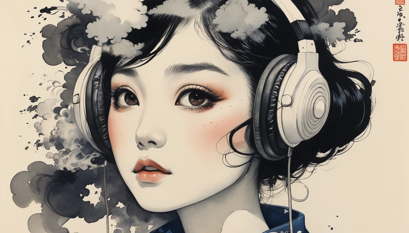 (((Smoking a smoke tube))), TATOO on the face, Highest quality, Katsushika Hokusai, Ink Painting, (((1 girl))), Japanese style headphones, beautiful girl, Black Hair, Delicate and precise, Modern ukiyo-e style, Darkness