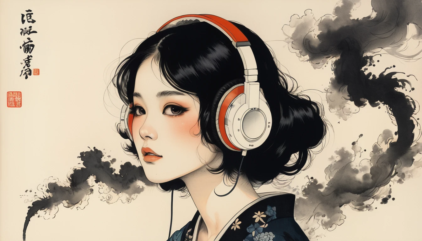 (((Smoking a smoke tube))), TATOO on the face, Highest quality, Katsushika Hokusai, Ink Painting, (((1 girl))), Japanese style headphones, beautiful girl, Black Hair, Delicate and precise, Modern ukiyo-e style, Darkness