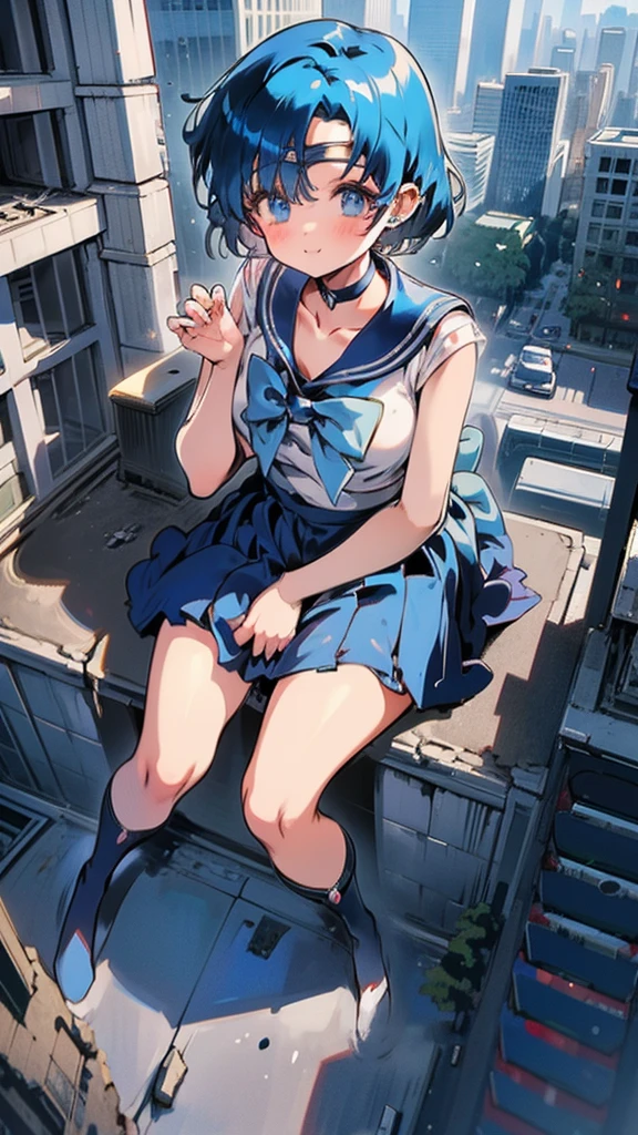 Anime style beauty masterpiece Unreal Engine precision cute girl Giant girl (Ami Mizuno in skyscraper) Short blue hair Sailor Mercury uniform Sneakers ((Aerial view)) Flood Heavy rain Torrential rain Cloudy sky Dark sky Collapsed building Destroyed ((Destroyed buildings) )) ((Destroyed cars)) ((Pile of rubble)) Giant girl on the road of a big city in the 90s Uniform ((Cloudy sky)) Female giant Giant girl's whole body Destroyed skyscrapers, destroyed cars, crowd Unreal Engine,