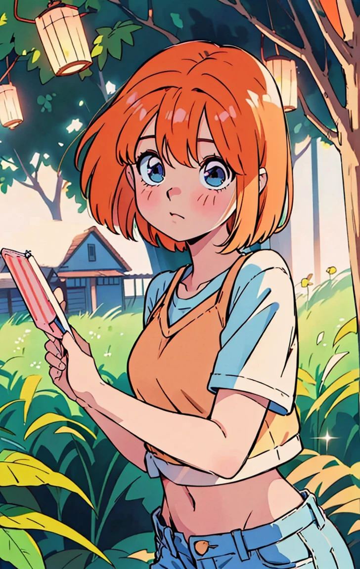 yotsuba Nakano, Official art、Beautifully Aesthetic:1.2)、patterns、Hair spreads throughout、4k, excellent quality, Ultra Detail, Soft Light, Deep Focus Bokeh, Ray Tracing, --niji 5. Nakano yotsuba from the quintessential quintuplets, yotsuba Nakano, short orange hair, blue eyes, nakano_yotsuba, , green ribbon,, splendid, iridescent, dynamic pose, moving, excellent character design, full body pose, full body, full body shot, perfect face, neat, clean, perfect definition aayotsuba, short hair,bangs,hair between eyes, (casual outfit), jeans shorts, crop top, sneakers, cute casual outfit