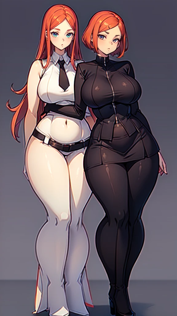 blank background, (((full body))), (masterpiece), ((best quality)), ((tall girl)), straight hair (curvy:1.8), (short skirt), shoes, belt below navel, redhead hair,, (black suit and tie), wide hips