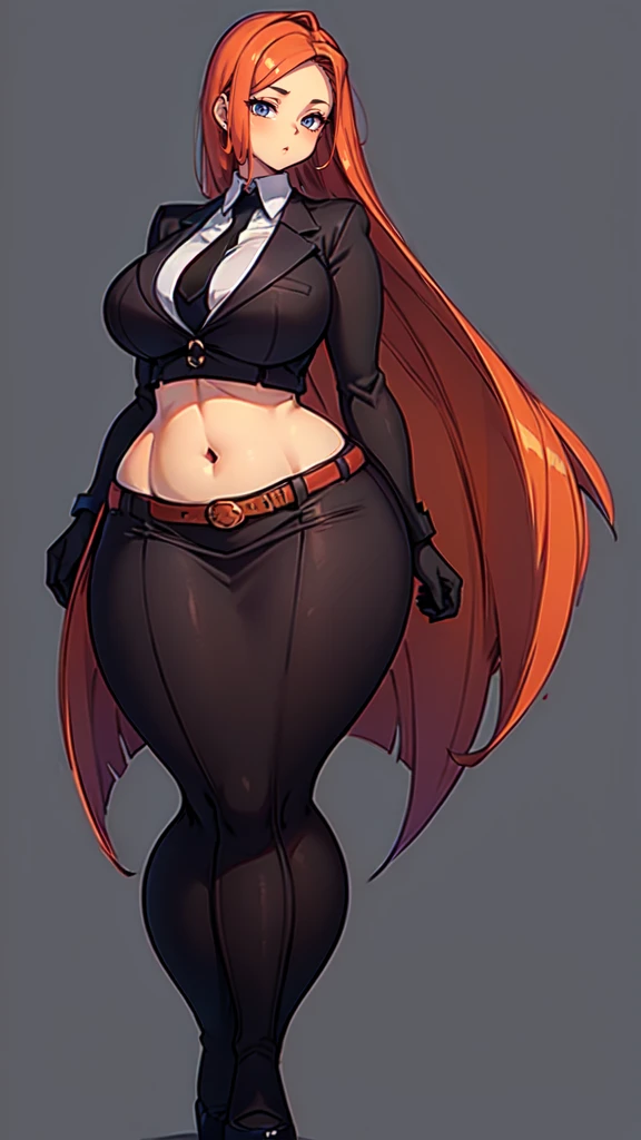 blank background, (((full body))), (masterpiece), ((best quality)), ((tall girl)), straight hair (curvy:1.8), (short skirt), shoes, belt below navel, redhead hair,, (black suit and tie), wide hips
