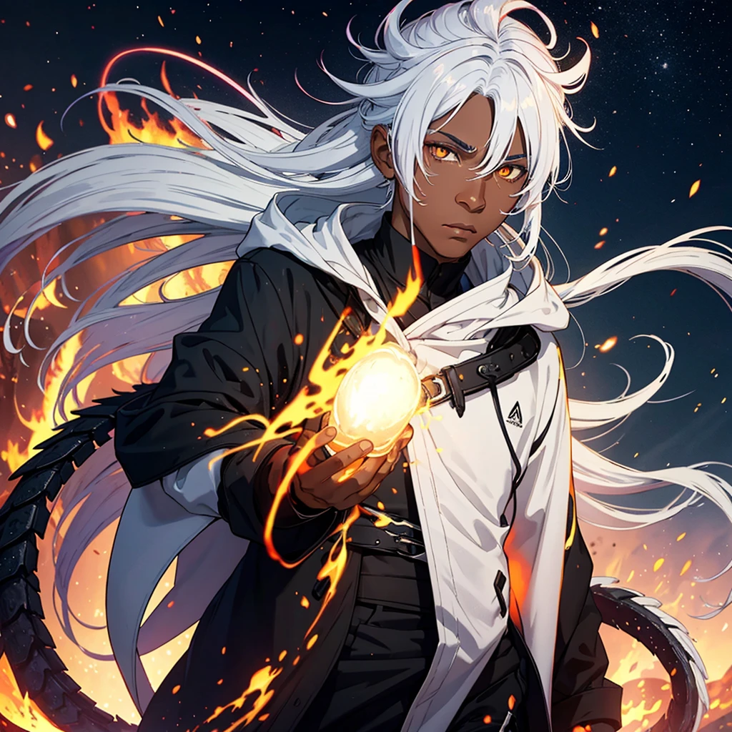 Black guy white hair ambar eyes dragon fire halo pyro