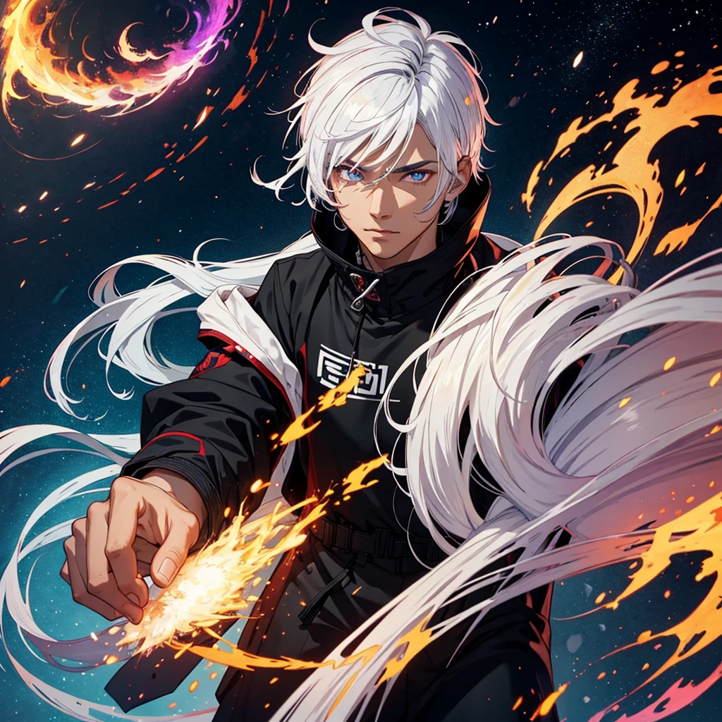 Black guy white hair ambar eyes dragon fire halo pyro