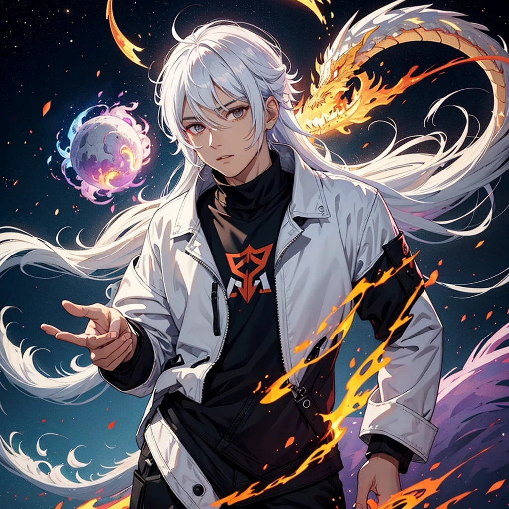 Black guy white hair ambar eyes dragon fire halo pyro